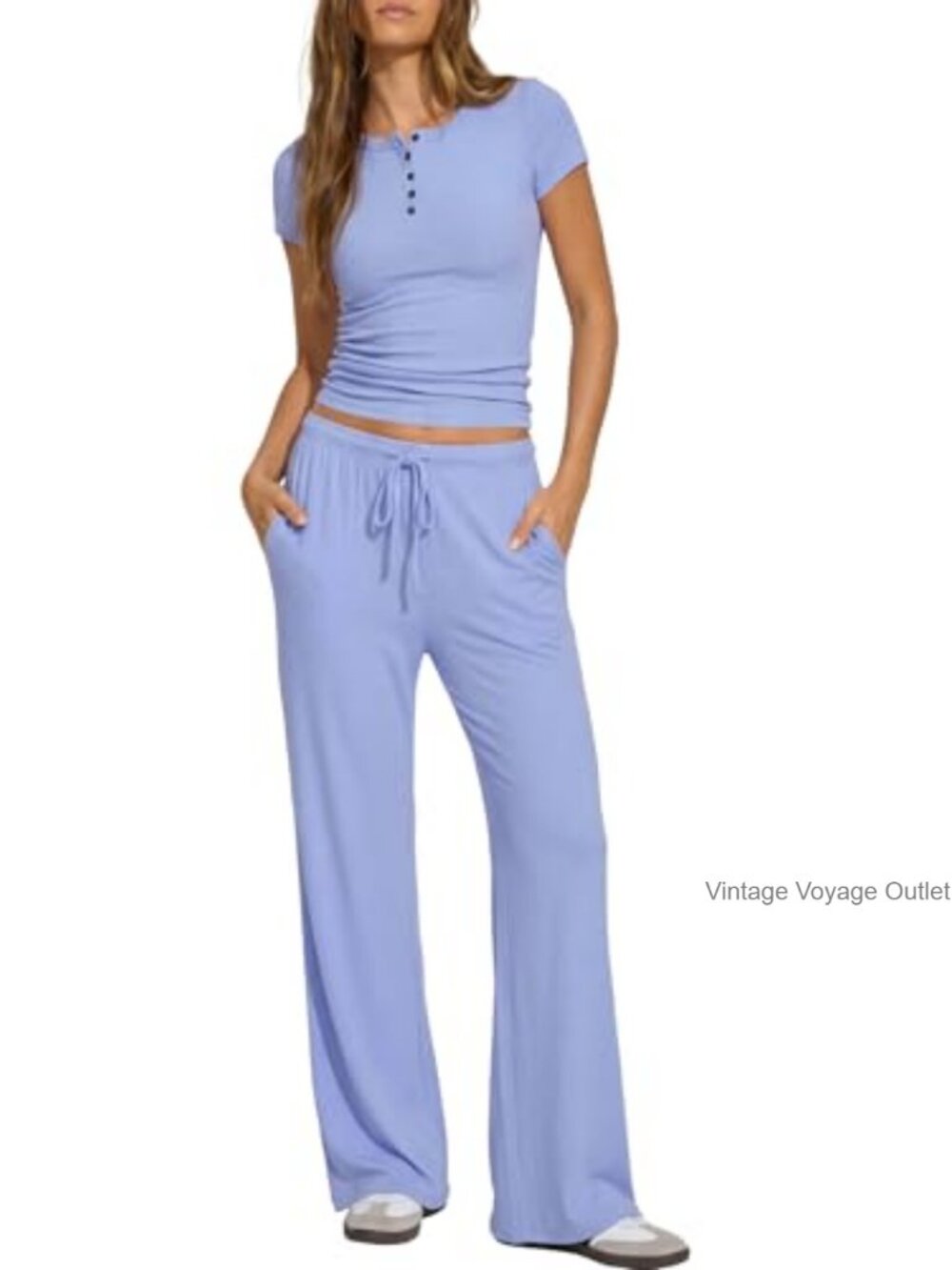2 Piece Lounge Set Ribbed Wide Leg Pants Cropped Henley Top Travel Outfit